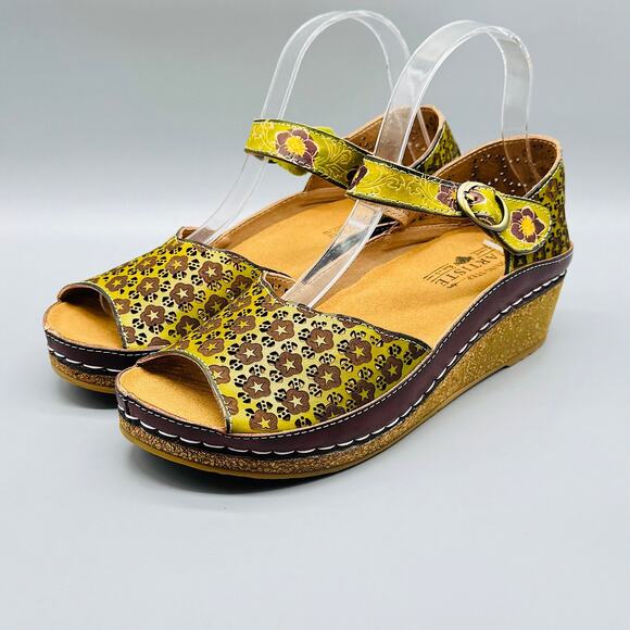 Spring Step L'Artiste Sandals Women 9.5 Green Leather Delphia Wedge Floral Strap - Picture 4 of 11